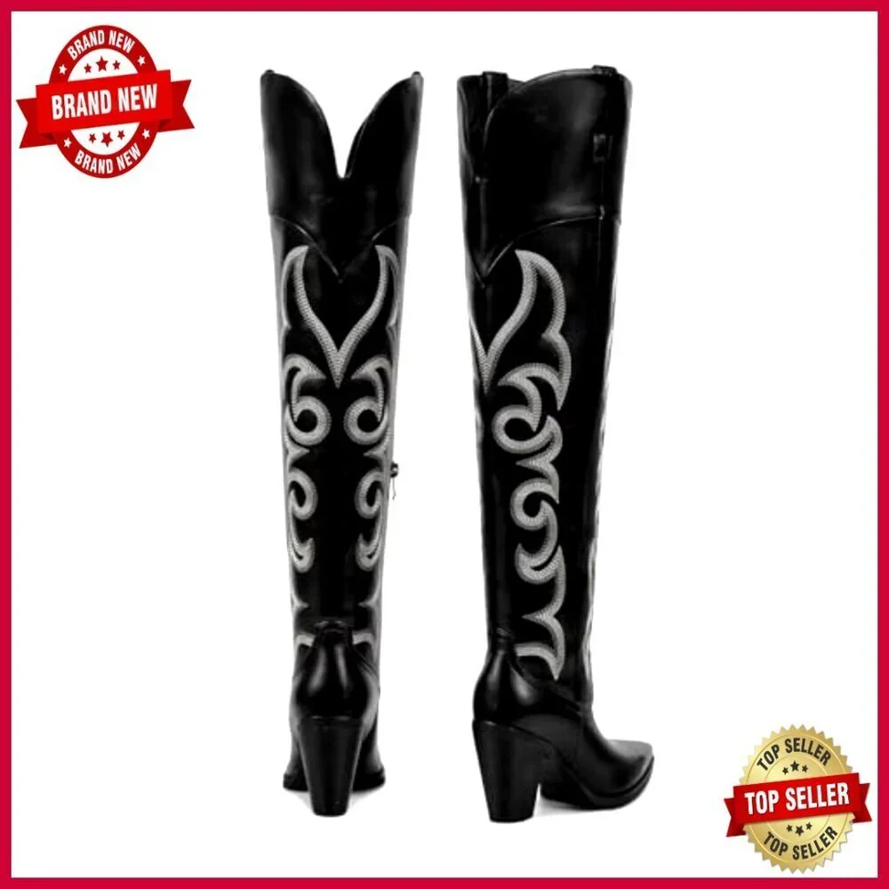 Knee High Western Boots Chunky Heel Elegant Retro Stylish Cowgirl Fashion